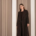 Striped Elegance: Japanese Crepe Abaya with Silk Dress & Copper Accents