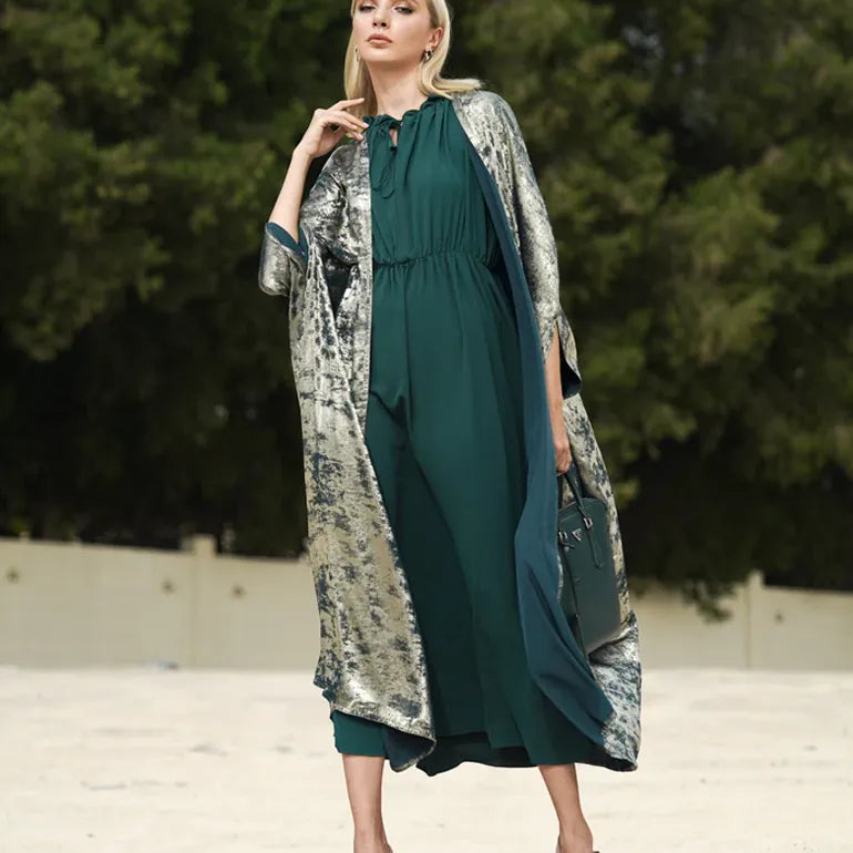 Emerald Elegance: Bright Cut Green Silk Abaya with Inner Dress