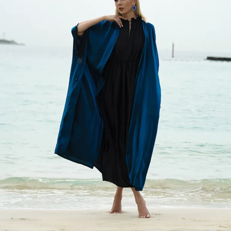 Azure Elegance: Silky Blue Abaya with Hand Embroidery & Inner Dress