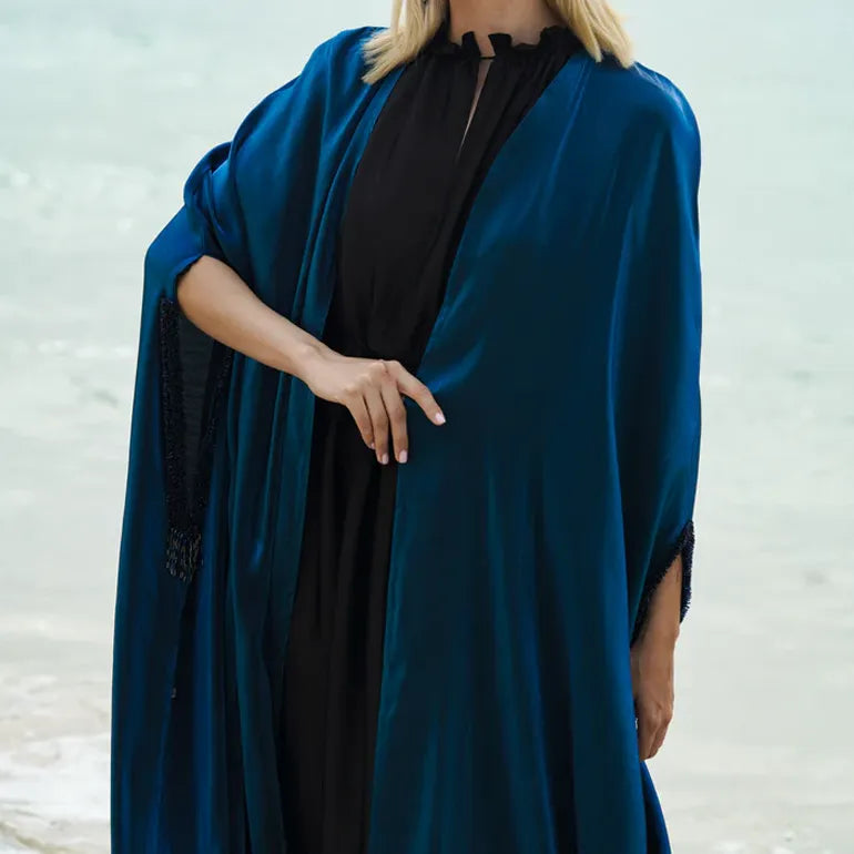 Azure Elegance: Silky Blue Abaya with Hand Embroidery & Inner Dress