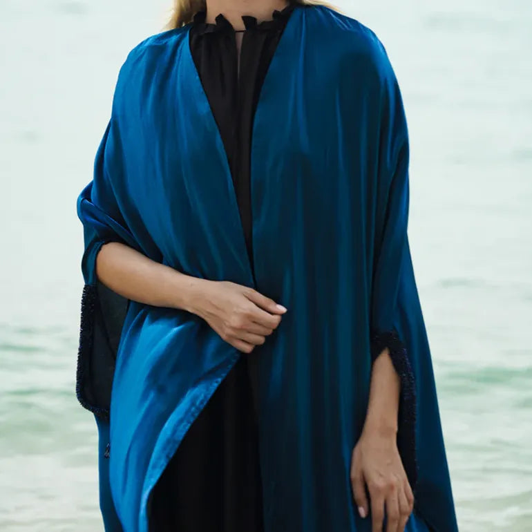 Azure Elegance: Silky Blue Abaya with Hand Embroidery & Inner Dress