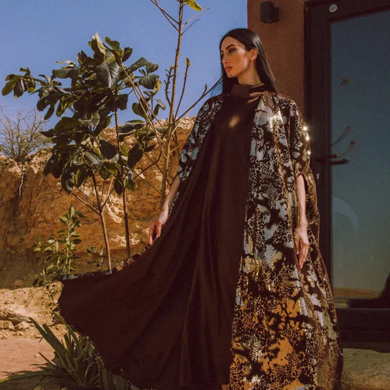 Elegant Drape: Embroidered Cape Abaya with High-Neck Silk Dress