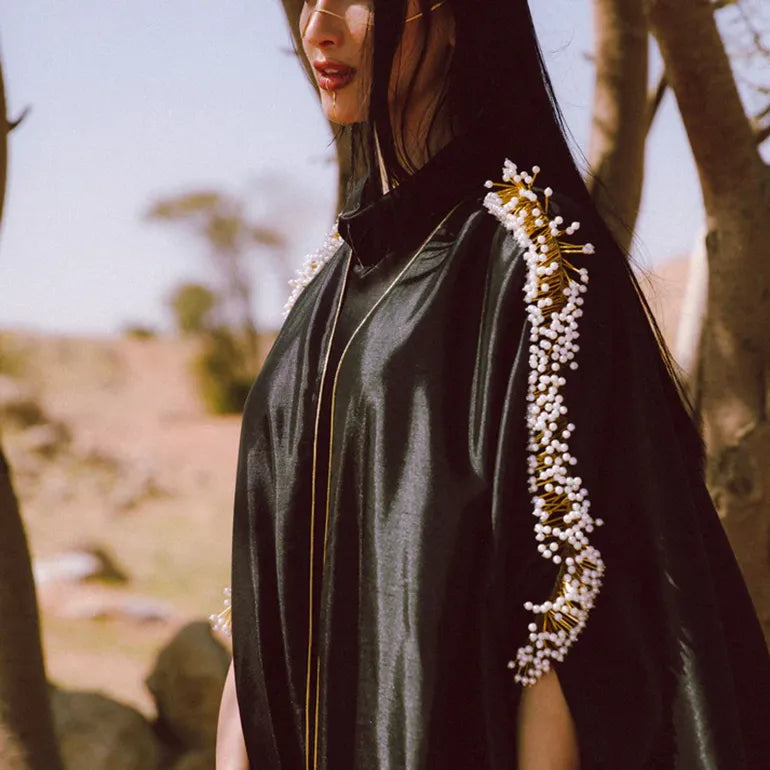 Parisian Luxe: Taffeta Cape Abaya with Celaan Pearls & Satin Accents