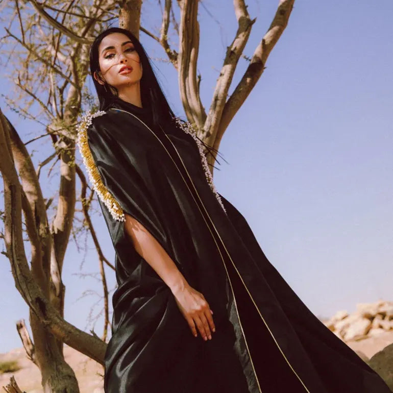 Parisian Luxe: Taffeta Cape Abaya with Celaan Pearls & Satin Accents