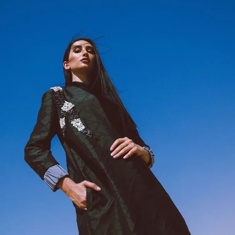 Regal Charm: Jacquard Abaya with Embroidery & Italian Stone Accents