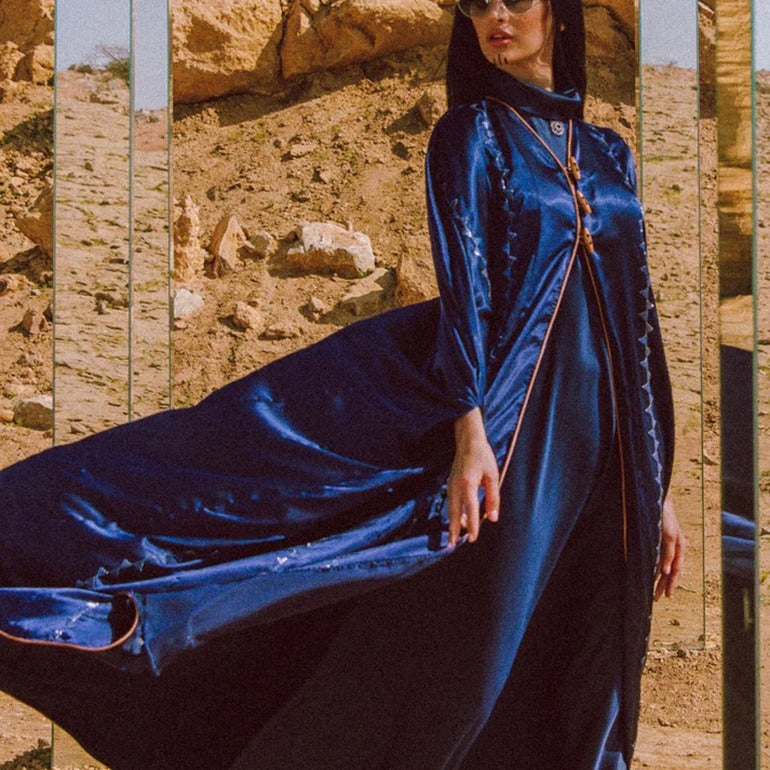 Silken Allure: Embroidered Abaya with Wood & Leather Accents