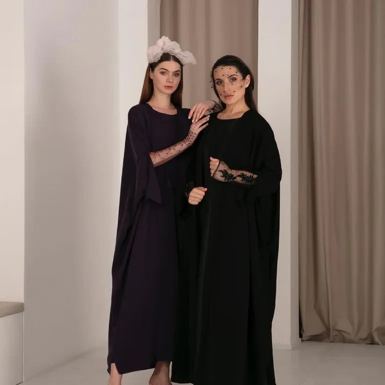 Silken Radiance: Two-Tone Abaya with Tulle Sleeves & Austrian Stone Embroidery