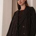 Striped Elegance: Japanese Crepe Abaya with Silk Dress & Copper Accents