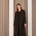 Striped Elegance: Japanese Crepe Abaya with Silk Dress & Copper Accents