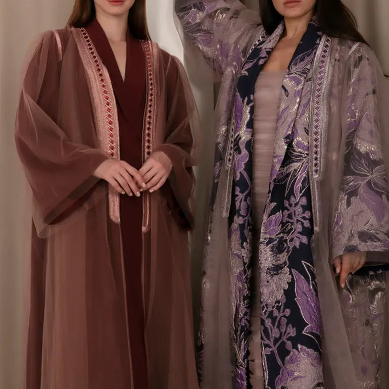 Versatile Elegance: Bisht Cut Abaya in Turkish Brocade & French Tulle