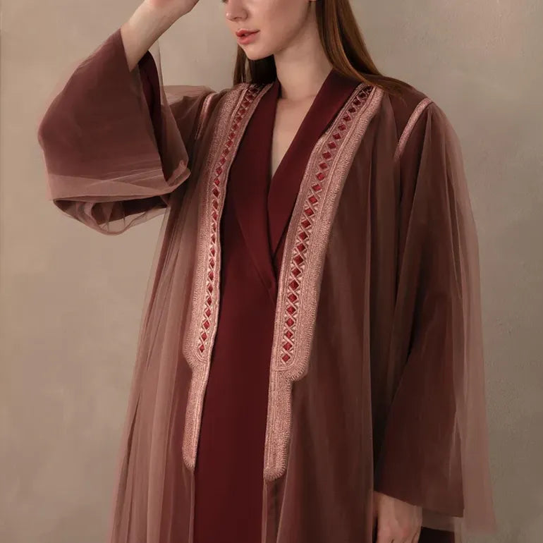 Versatile Elegance: Bisht Cut Abaya in Turkish Brocade & French Tulle