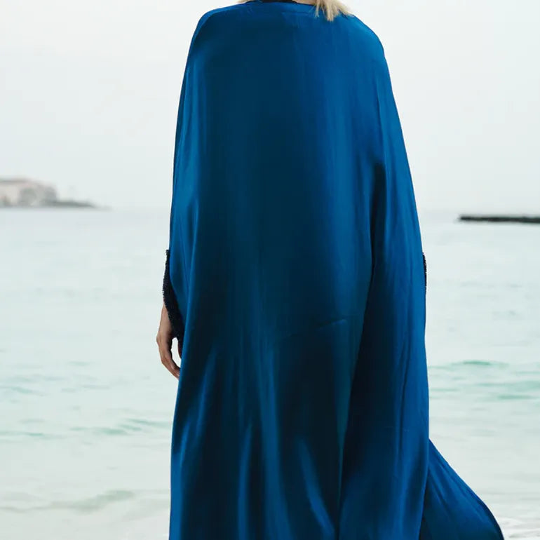 Azure Elegance: Silky Blue Abaya with Hand Embroidery & Inner Dress