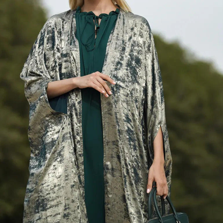 Emerald Elegance: Bright Cut Green Silk Abaya with Inner Dress