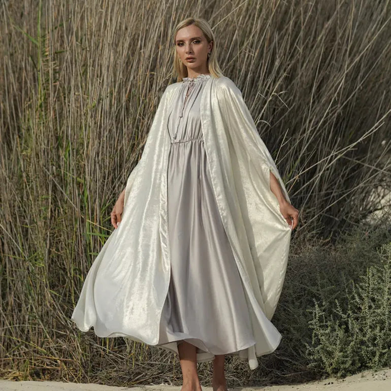 Ombre Chic: White Silk Cape Abaya with Lightweight Gray Inner Dress