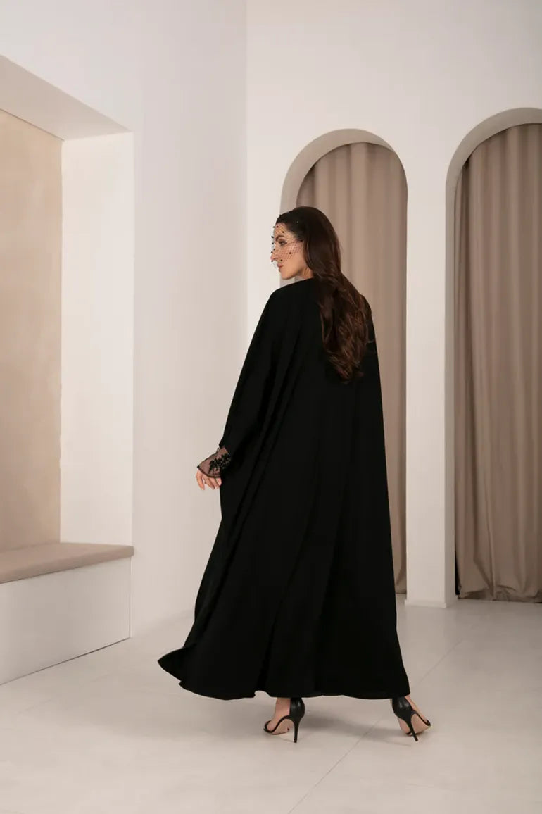 Silken Radiance: Two-Tone Abaya with Tulle Sleeves & Austrian Stone Embroidery