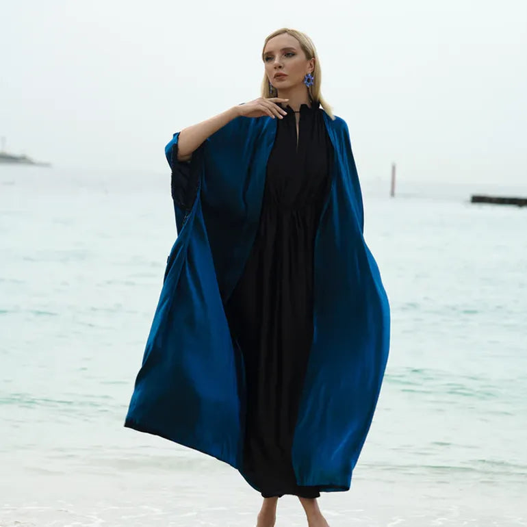 Azure Elegance: Silky Blue Abaya with Hand Embroidery & Inner Dress